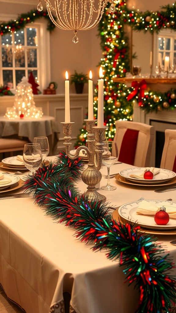 A festive Christmas table setting with tinsel, candles, and elegant dinnerware.